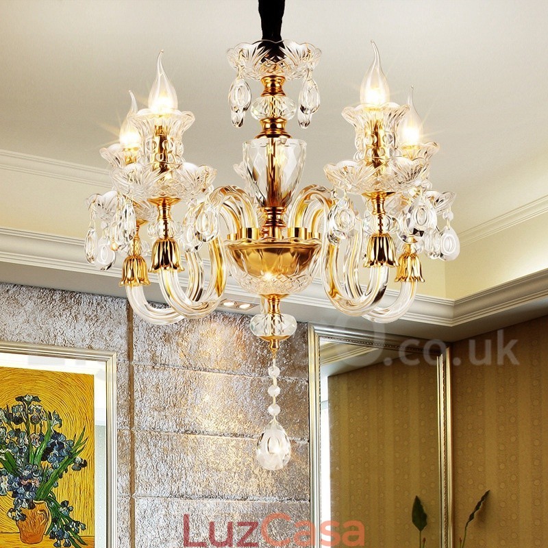 Lustre de vela de cristal transparente K9 cor ouro retrô