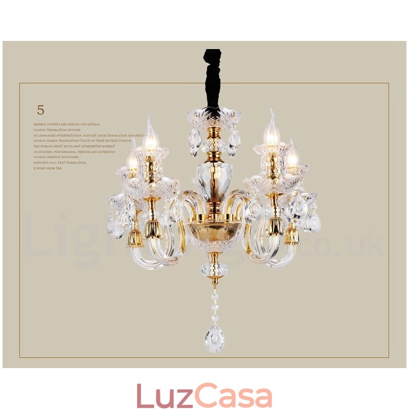 Lustre de vela de cristal transparente K9 cor ouro retrô