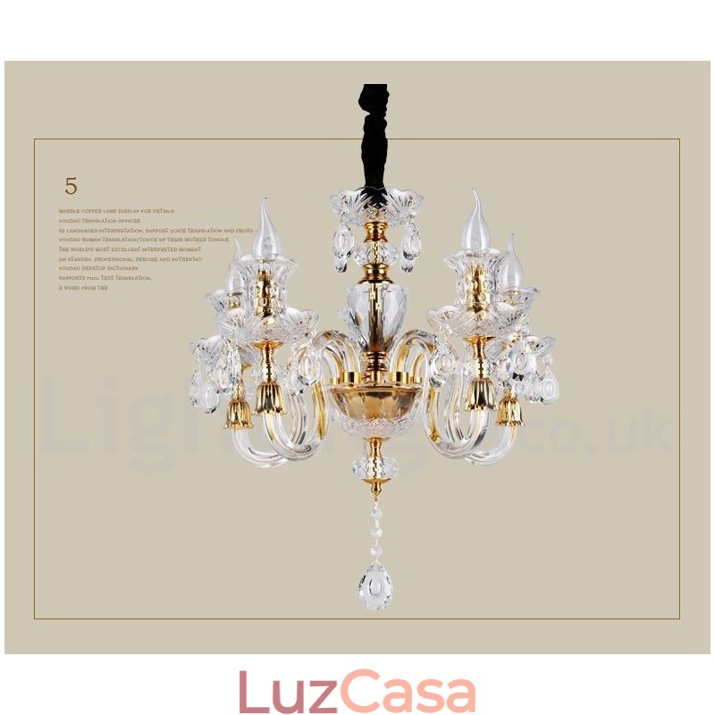 Lustre de vela de cristal transparente K9 cor ouro retrô