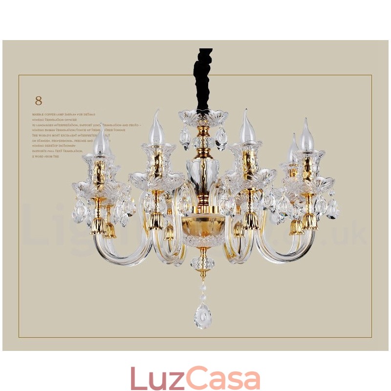 Lustre de vela de cristal transparente K9 cor ouro retrô