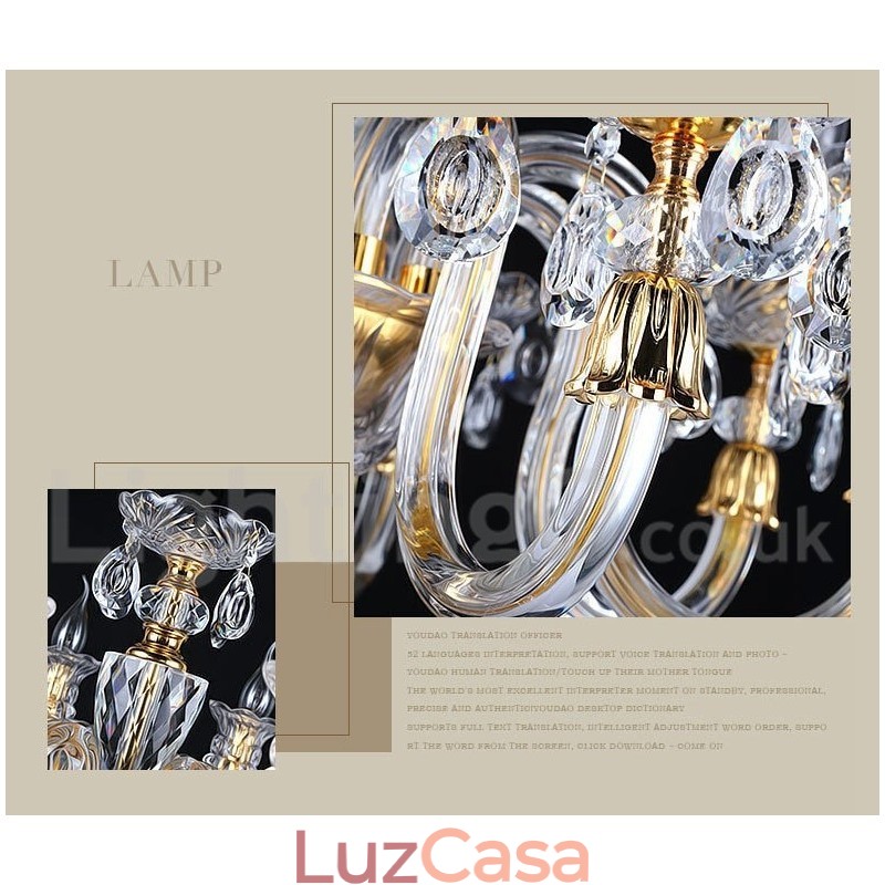 Lustre de vela de cristal transparente K9 cor ouro retrô