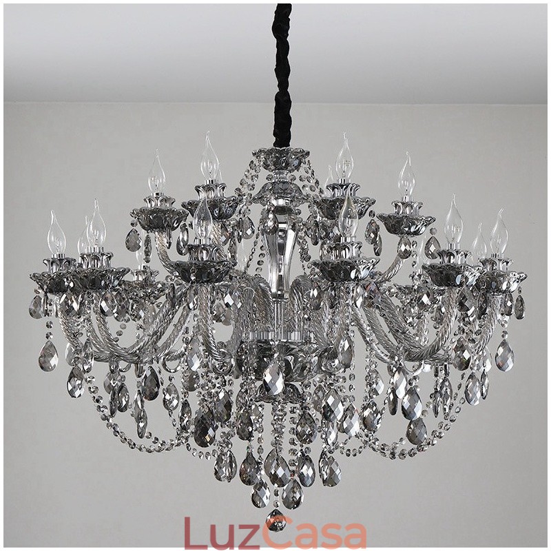 18 Luzes Retro Cinza Cor K9 Cristal Vela Grande Lustre