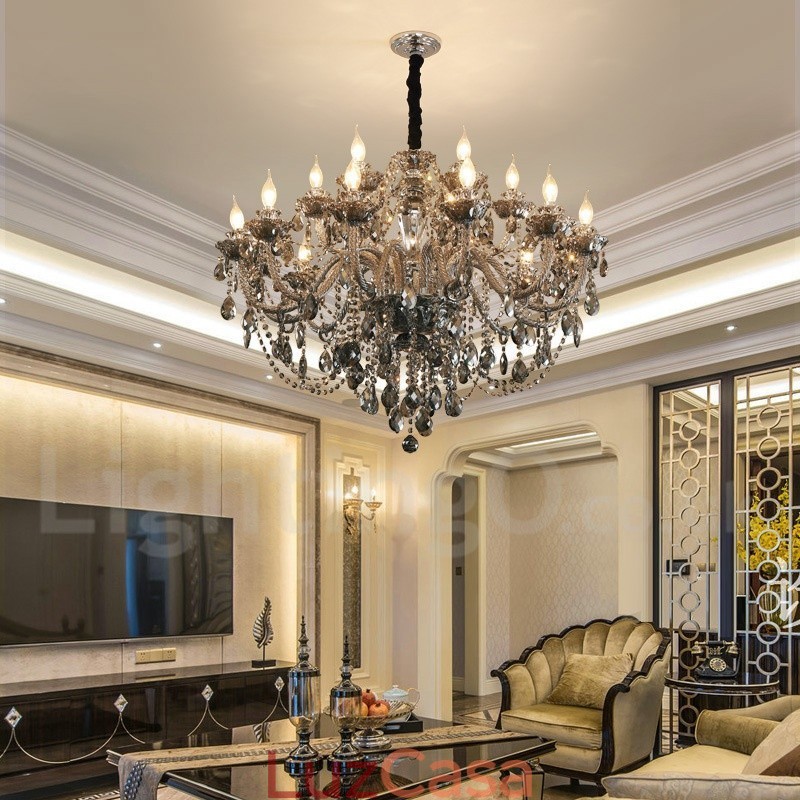 18 Luzes Retro Cinza Cor K9 Cristal Vela Grande Lustre
