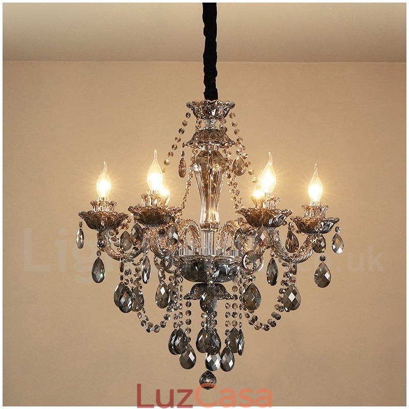 6 Luzes Retro Cinza Cor K9 Cristal Vela Grande Lustre