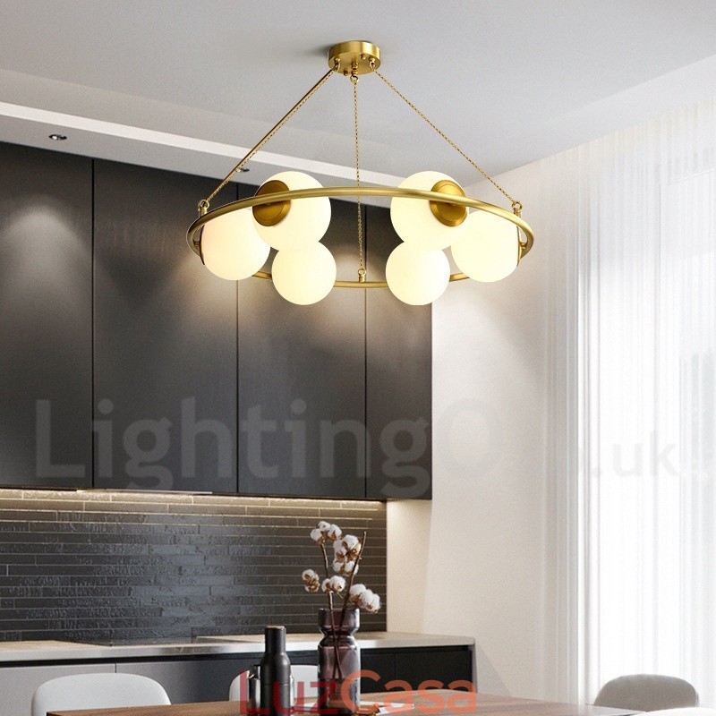 Lustre redondo estilo feijão de latão puro com abajures brancos