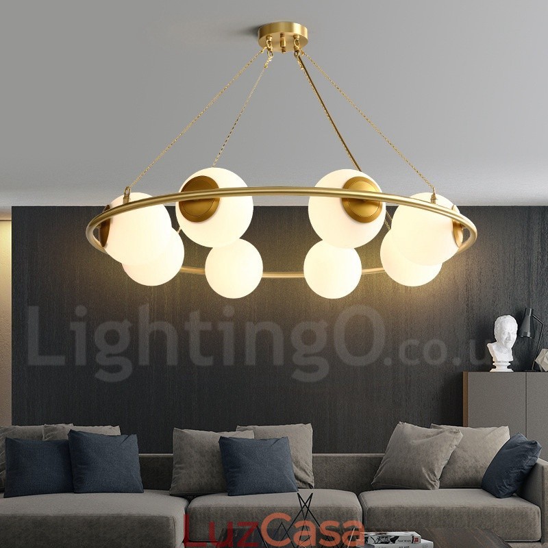 Lustre redondo estilo feijão de latão puro com abajures brancos