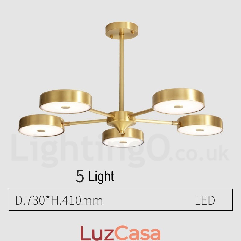Lustre giratório rústico de latão puro com cúpulas de acrílico