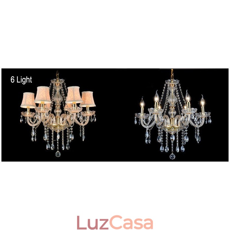 Lustre grande de cristal K9 com velas douradas e abajures