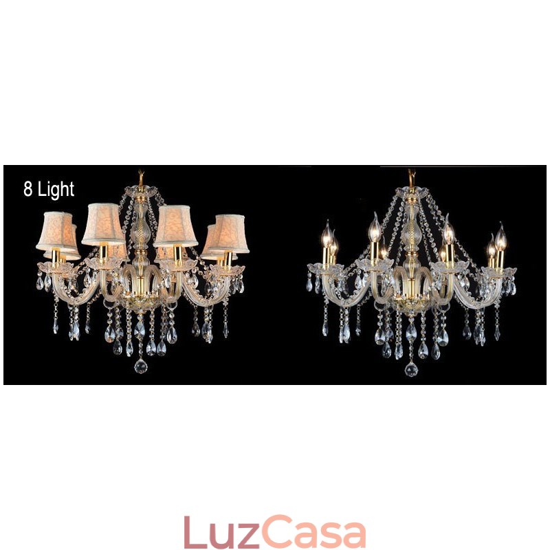 Lustre grande de cristal K9 com velas douradas e abajures