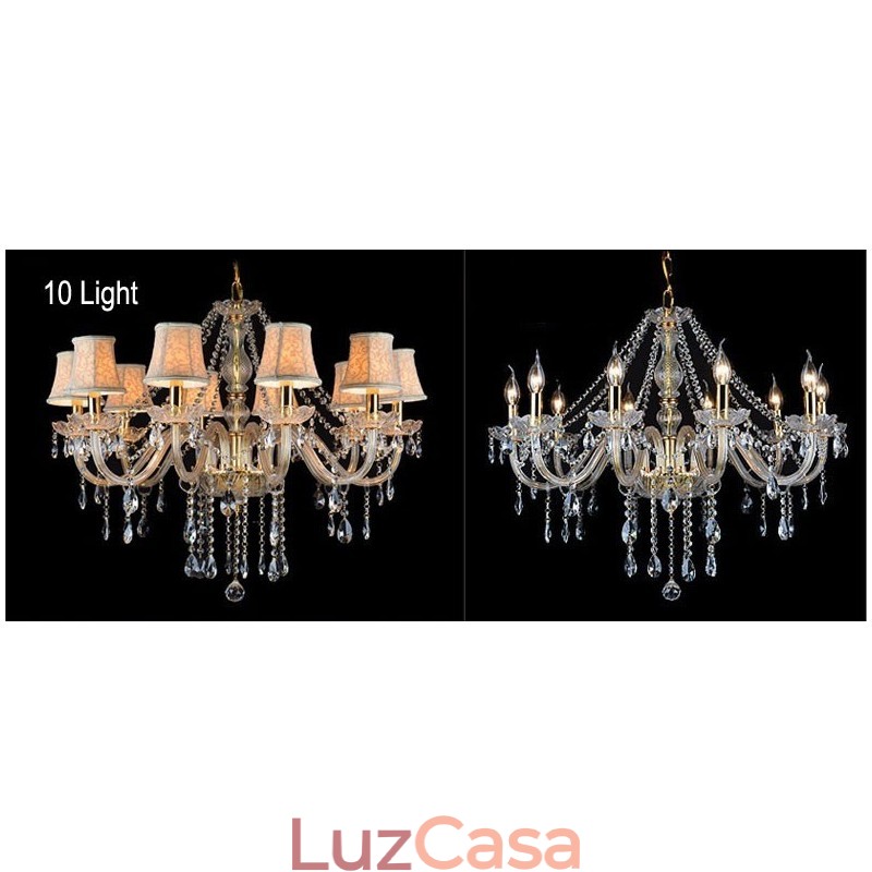 Lustre grande de cristal K9 com velas douradas e abajures