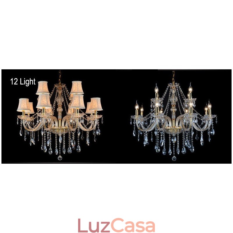 Lustre grande de cristal K9 com velas douradas e abajures