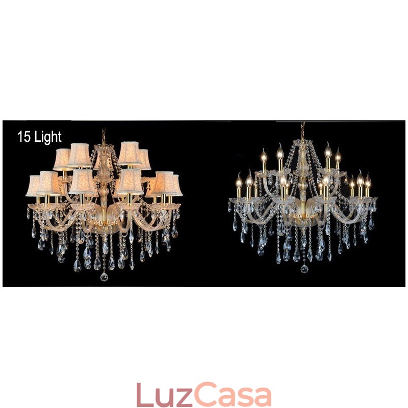 Lustre grande de cristal K9 com velas douradas e abajures