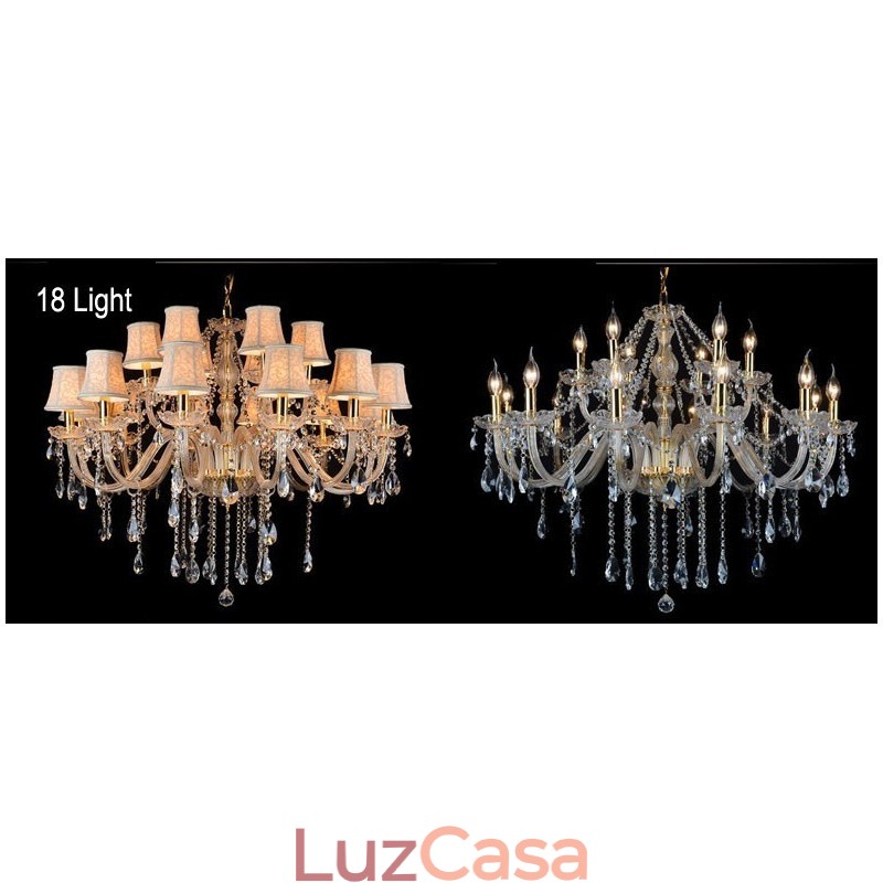 Lustre grande de cristal K9 com velas douradas e abajures