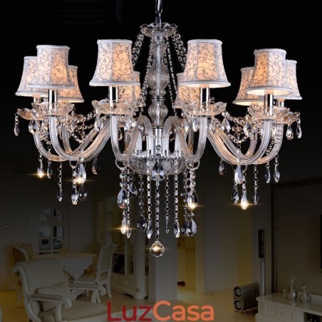 Lustre grande de cristal K9 com velas transparentes e abajures Lustre grande de cristal K9 com velas transparentes e abajures