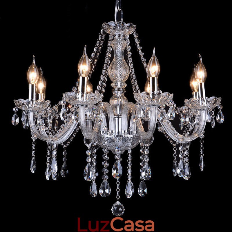Lustre grande de cristal K9 com velas transparentes e abajures
