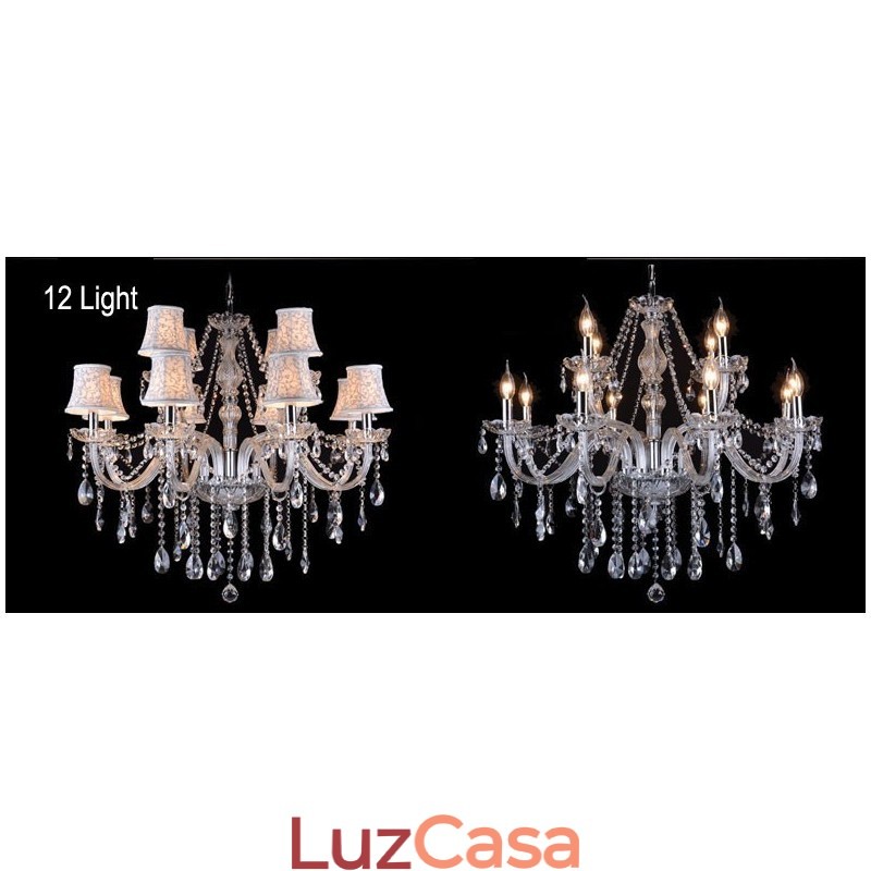 Lustre grande de cristal K9 com velas transparentes e abajures