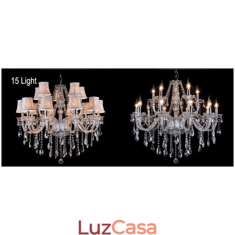 Lustre grande de cristal K9 com velas transparentes e abajures