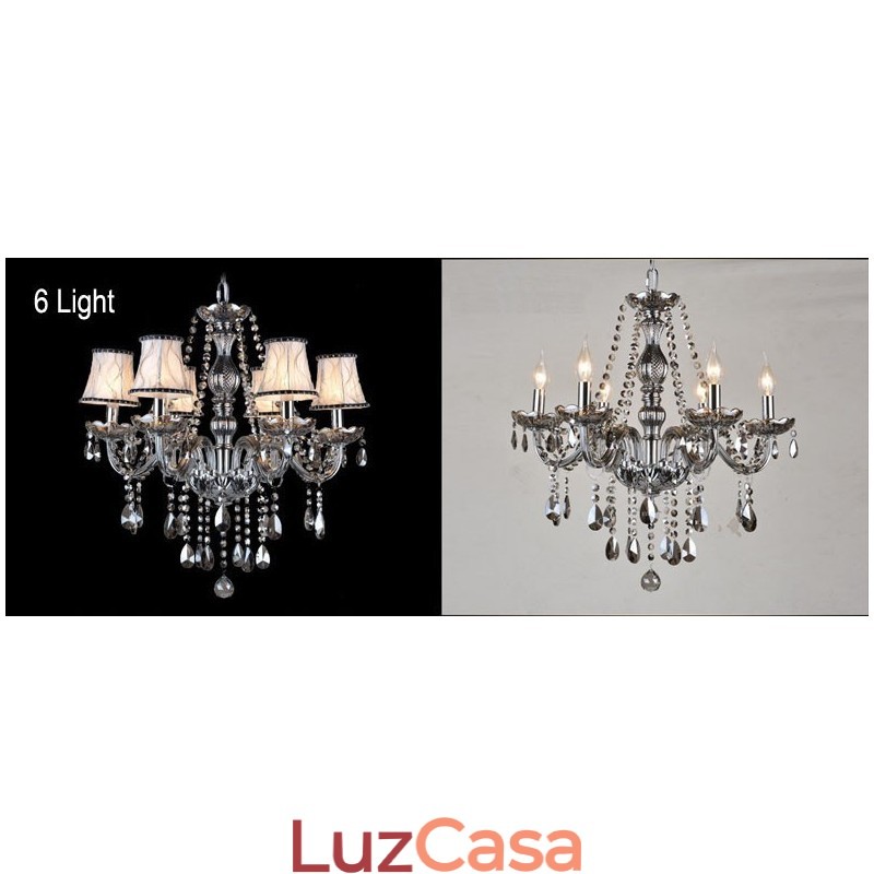 Lustre grande de cristal K9 com velas de cor cinza e abajures