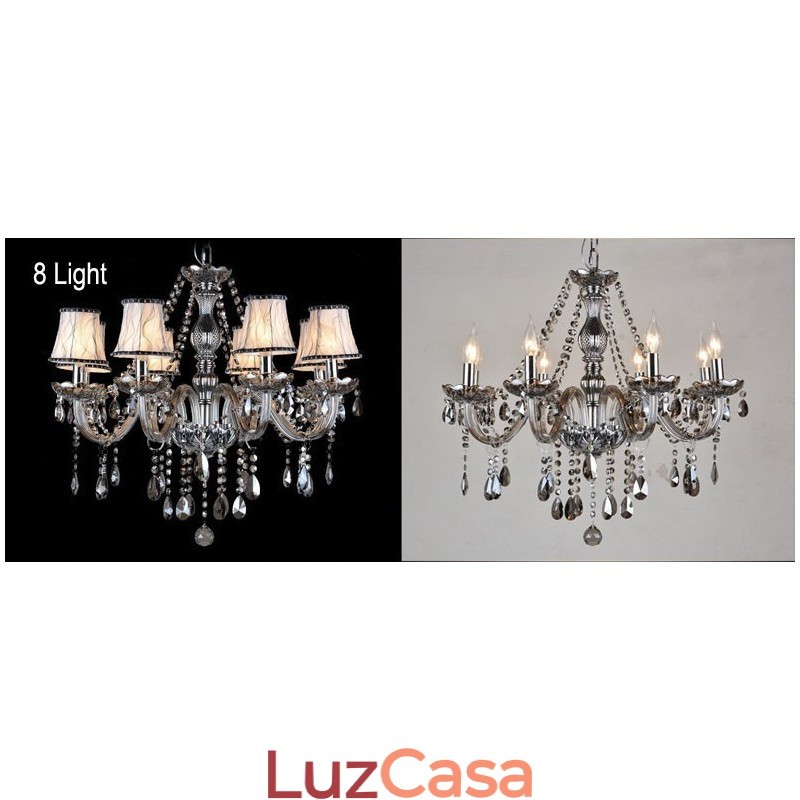 Lustre grande de cristal K9 com velas de cor cinza e abajures