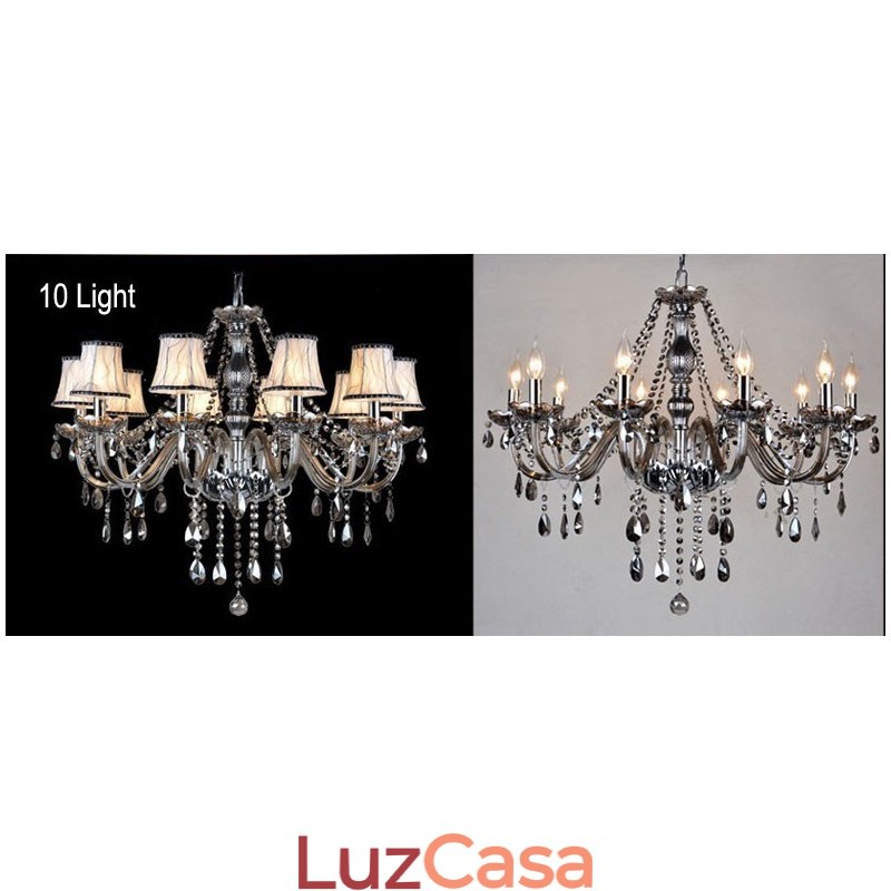 Lustre grande de cristal K9 com velas de cor cinza e abajures