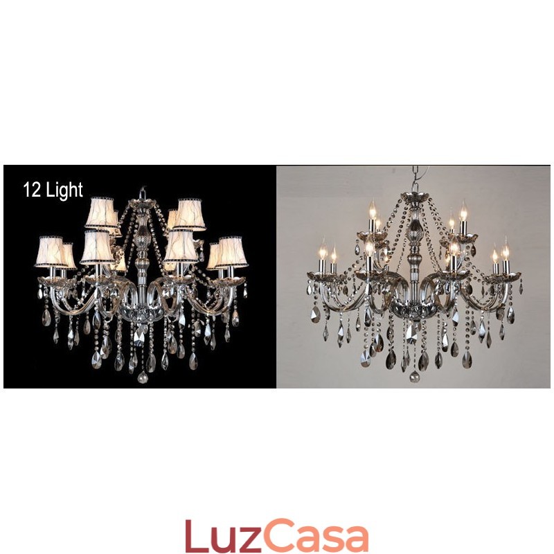 Lustre grande de cristal K9 com velas de cor cinza e abajures