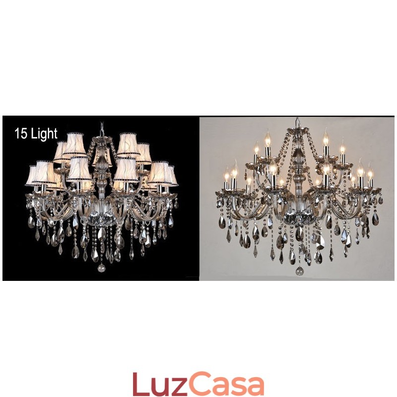 Lustre grande de cristal K9 com velas de cor cinza e abajures