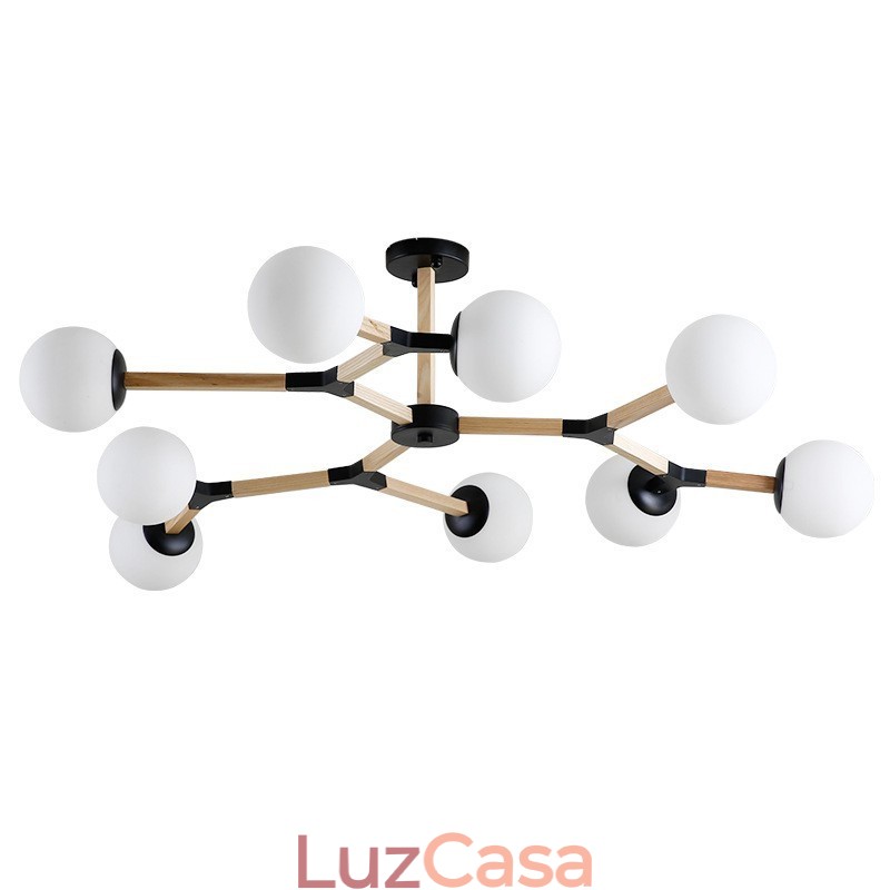 Lustre de madeira nórdico moderno em forma de feijão mágico molecular com cúpulas de vidro