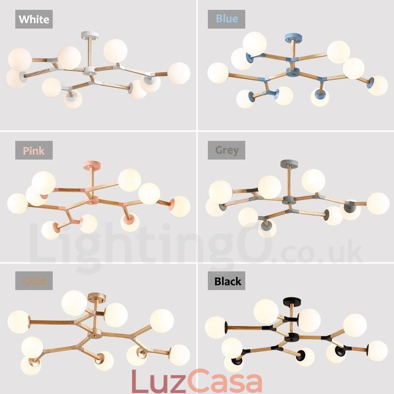 Lustre de madeira nórdico moderno em forma de feijão mágico molecular com cúpulas de vidro