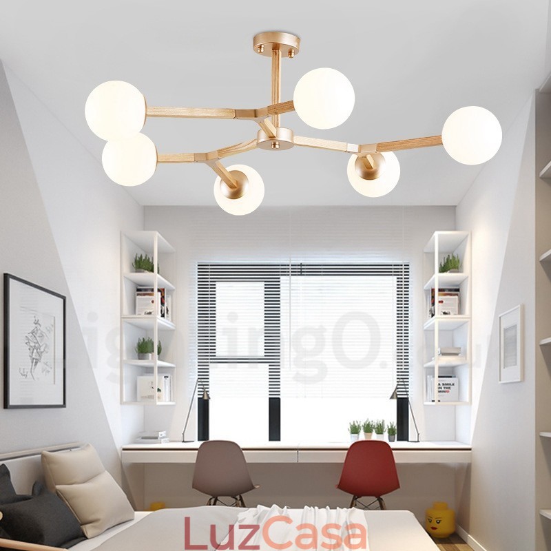 Lustre de madeira nórdico moderno em forma de feijão mágico molecular com cúpulas de vidro