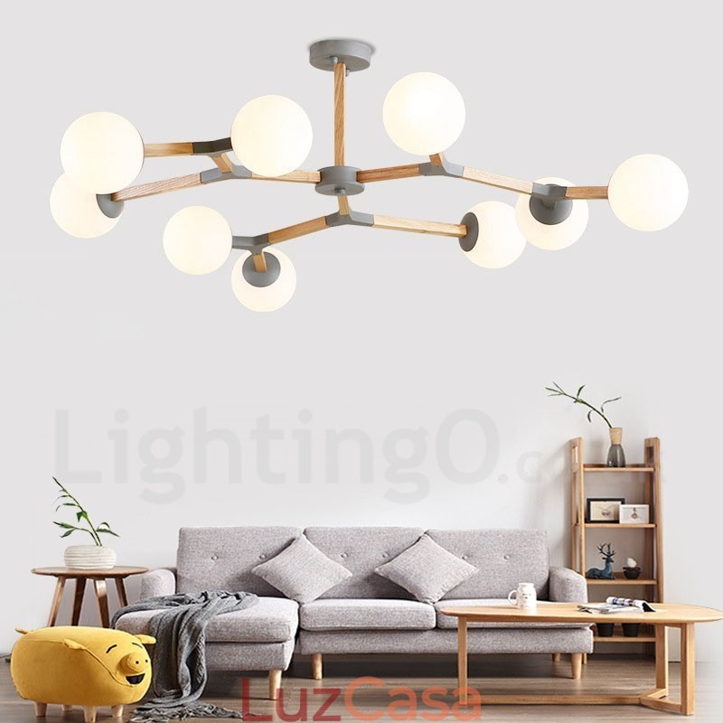 Lustre de madeira nórdico moderno em forma de feijão mágico molecular com cúpulas de vidro
