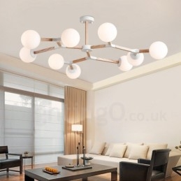 Lustre de madeira nórdico moderno em forma de feijão mágico molecular com cúpulas de vidro