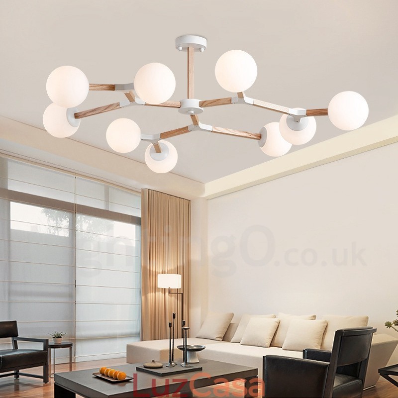 Lustre de madeira nórdico moderno em forma de feijão mágico molecular com cúpulas de vidro