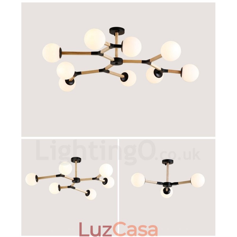 Lustre de madeira nórdico moderno em forma de feijão mágico molecular com cúpulas de vidro