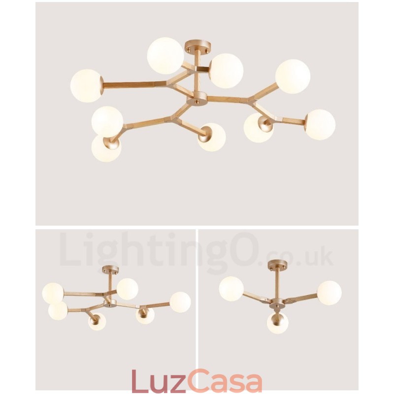 Lustre de madeira nórdico moderno em forma de feijão mágico molecular com cúpulas de vidro