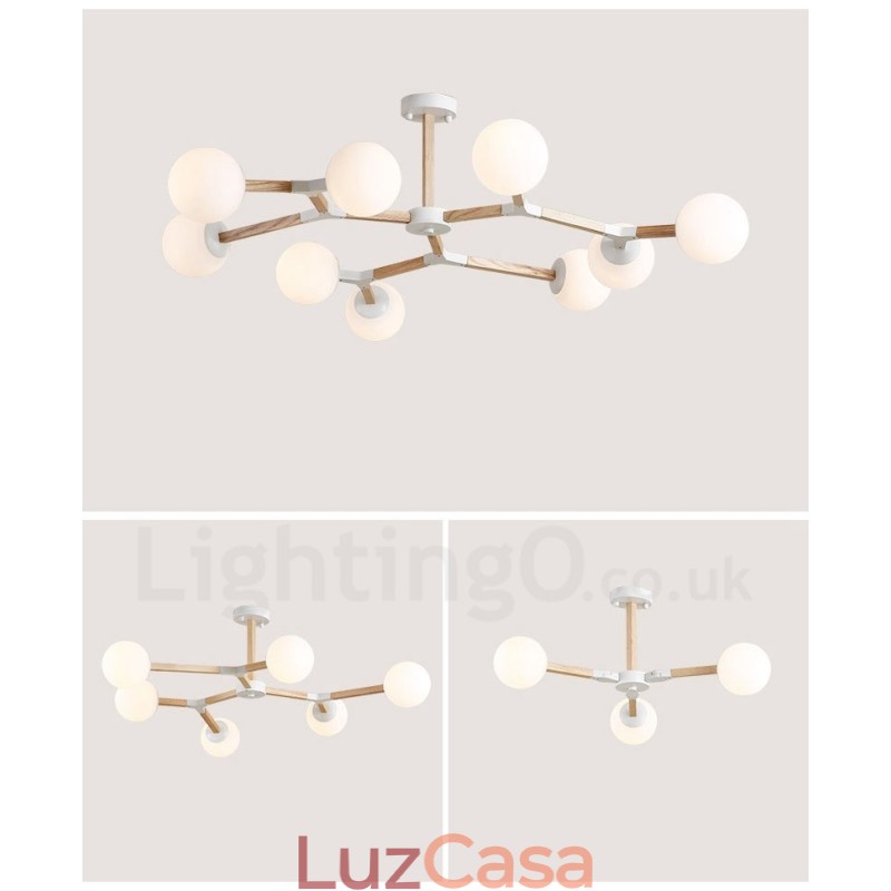 Lustre de madeira nórdico moderno em forma de feijão mágico molecular com cúpulas de vidro