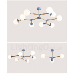 Lustre de madeira nórdico moderno em forma de feijão mágico molecular com cúpulas de vidro