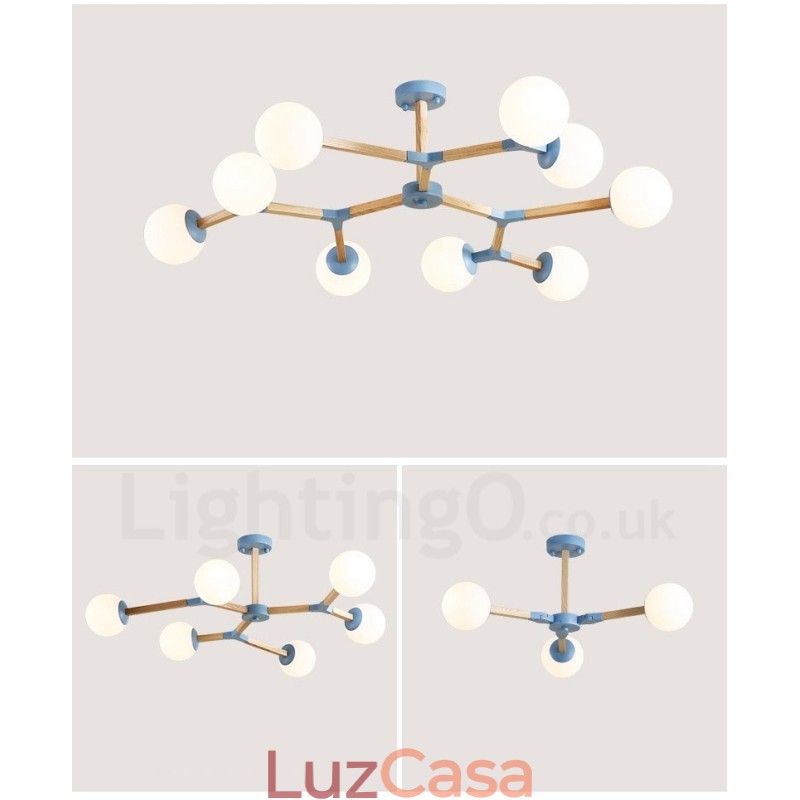Lustre de madeira nórdico moderno em forma de feijão mágico molecular com cúpulas de vidro
