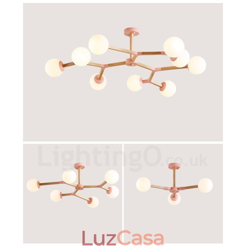 Lustre de madeira nórdico moderno em forma de feijão mágico molecular com cúpulas de vidro