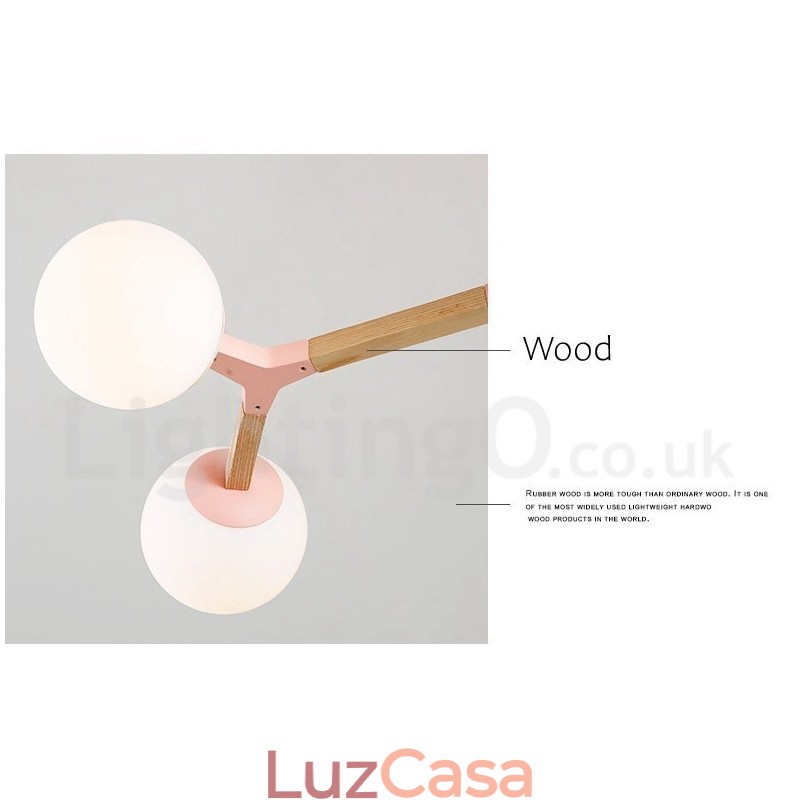 Lustre de madeira nórdico moderno em forma de feijão mágico molecular com cúpulas de vidro