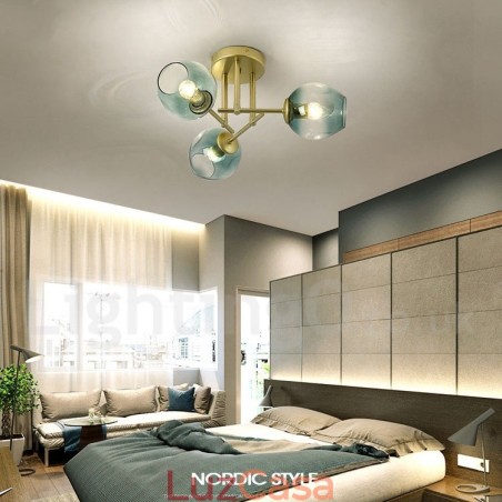 Lustre rústico de aço inoxidável com 3 luzes e cúpulas de vidro transparente ou azul Lustre rústico de aço inoxidável com 3 luzes e cúpulas de vidro transparente ou azul