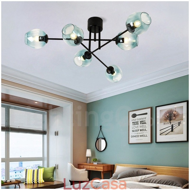 Lustre rústico de aço inoxidável com 6 luzes e cúpulas de vidro transparente ou azul