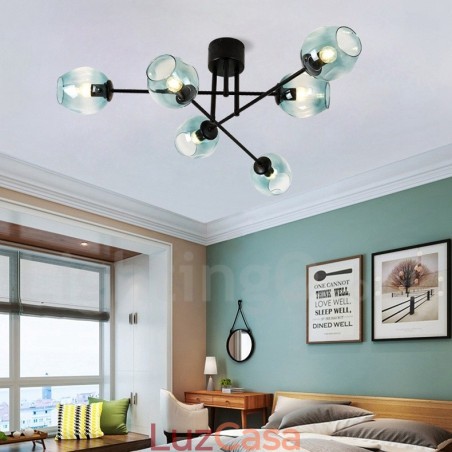 Lustre rústico de aço inoxidável com 6 luzes e cúpulas de vidro transparente ou azul Lustre rústico de aço inoxidável com 6 luzes e cúpulas de vidro transparente ou azul