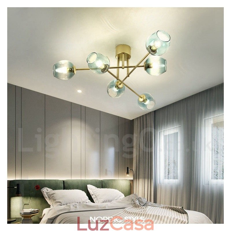 Lustre rústico de aço inoxidável com 6 luzes e cúpulas de vidro transparente ou azul