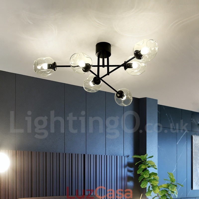 Lustre rústico de aço inoxidável com 6 luzes e cúpulas de vidro transparente ou azul