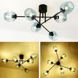Lustre rústico de aço inoxidável com 6 luzes e cúpulas de vidro transparente ou azul