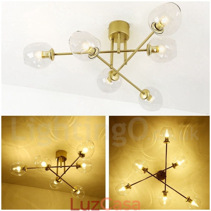 Lustre rústico de aço inoxidável com 6 luzes e cúpulas de vidro transparente ou azul