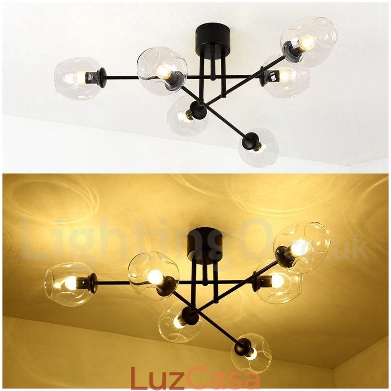 Lustre rústico de aço inoxidável com 6 luzes e cúpulas de vidro transparente ou azul
