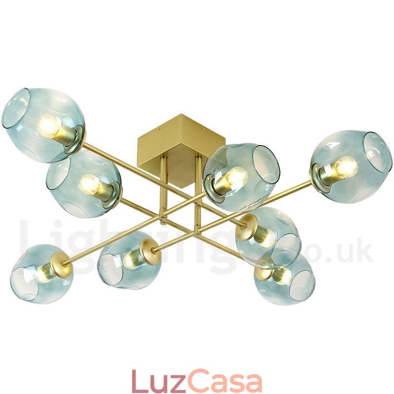 Lustre rústico de aço inoxidável com 8 luzes e cúpulas de vidro transparente ou azul