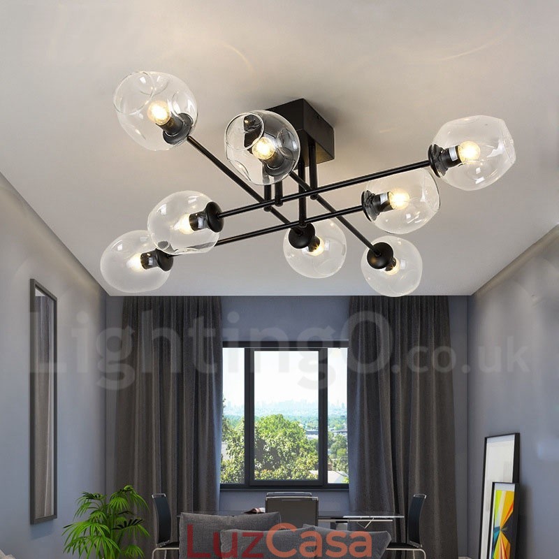 Lustre rústico de aço inoxidável com 8 luzes e cúpulas de vidro transparente ou azul