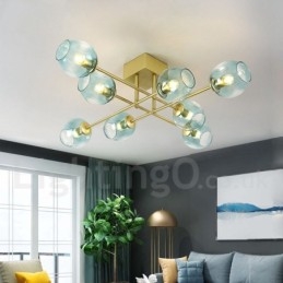 Lustre rústico de aço inoxidável com 8 luzes e cúpulas de vidro transparente ou azul